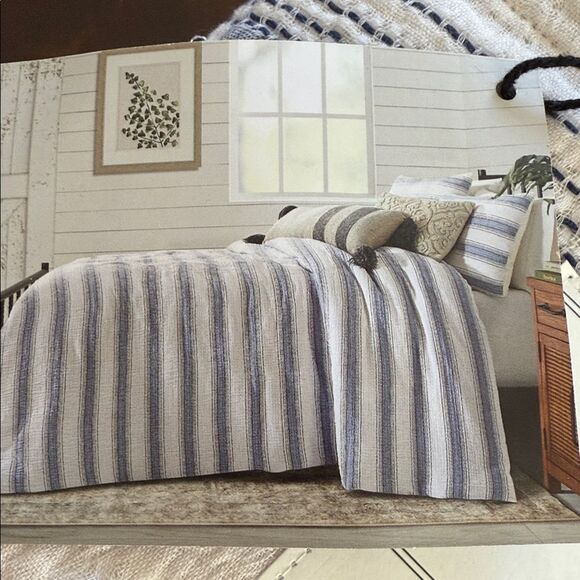 Other - Bee & Willow Dash Stitch Stripes Duvet Cover Set Full/ Queen - Blue and Neutral